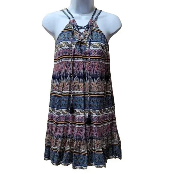 Hollister Women's XS Boho Print Sleeveless Dress Lace-Up SummerFestival Style - Picture 1 of 10